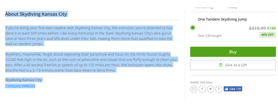 The description for 'Skydiving Kansas City' within the Groupon deal.