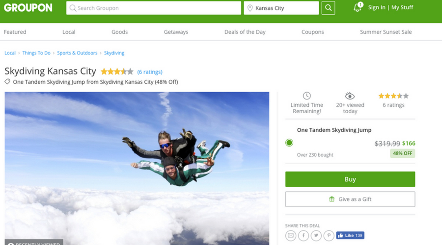 Go skydiving at 'Skydiving Kansas City.' This Groupon is for a company name that doesn't have a physical address and is very similar to Skydive Kansas City.